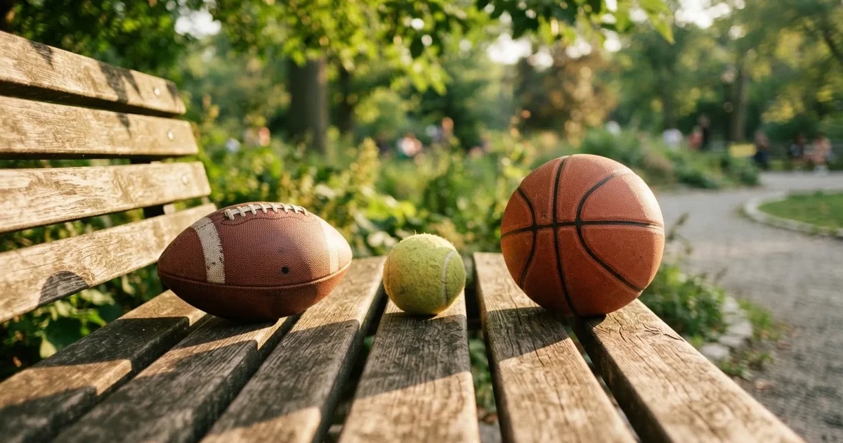 Drie ballen van verschillende soorten naast elkaar op een houten bank