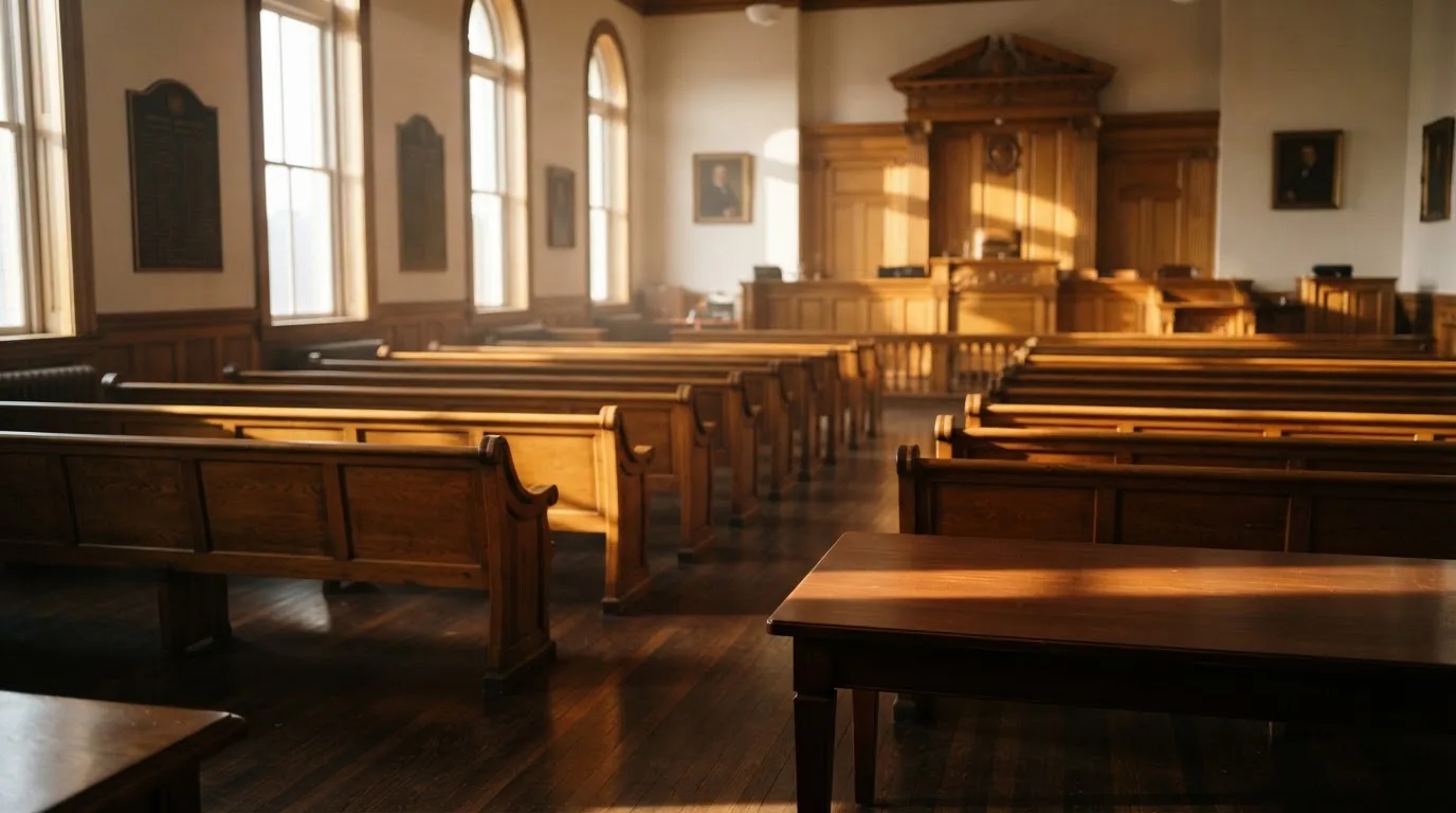Een lege rechtszaal met houten banken in het ochtendlicht