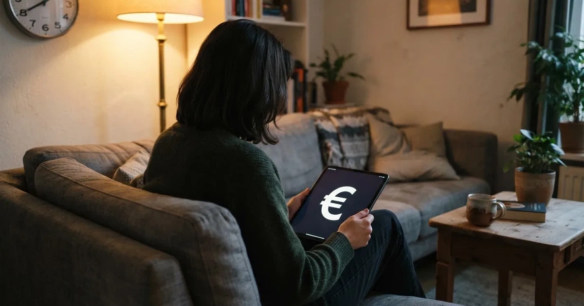 Een persoon op de bank kijkt peinzend naar een tablet, op de achtergrond een klok aan de muur