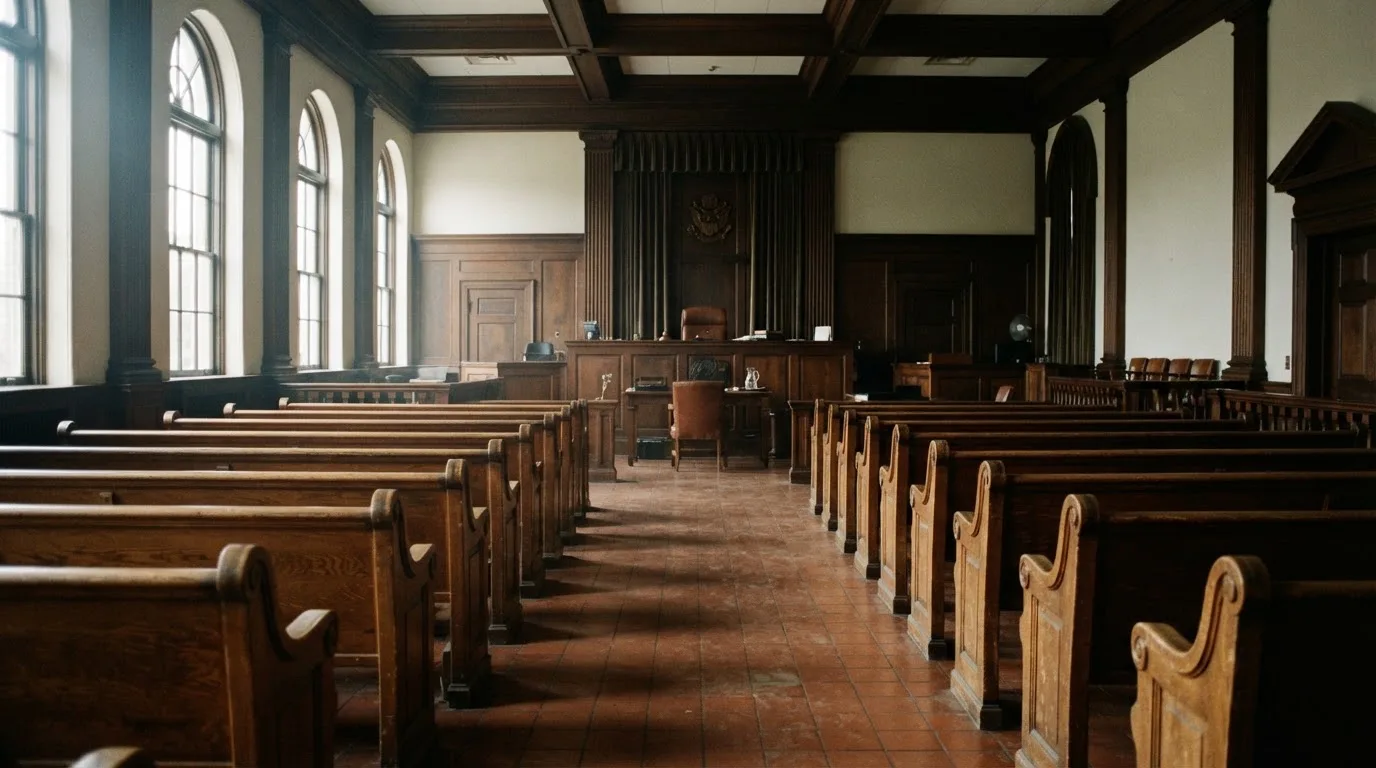Een lege rechtszaal met houten banken in het ochtendlicht