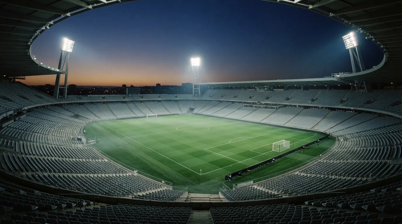 Een leeg voetbalstadion met lichtmasten bij schemering