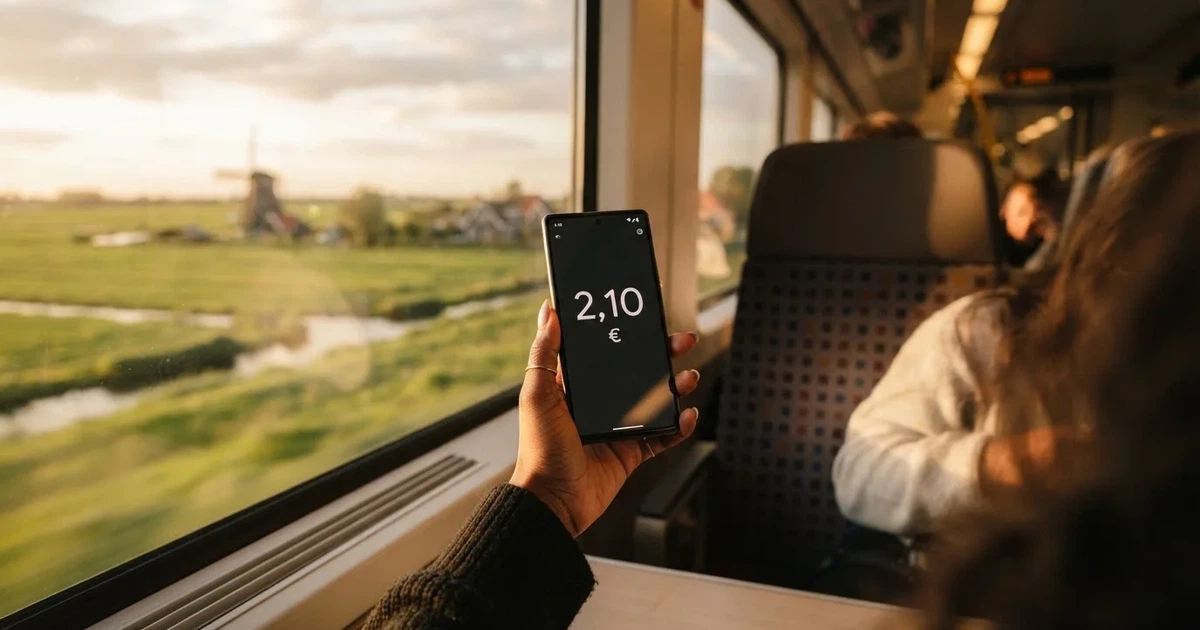 Een hand houdt een smartphone vast in de trein, het scherm van de camera afgewend