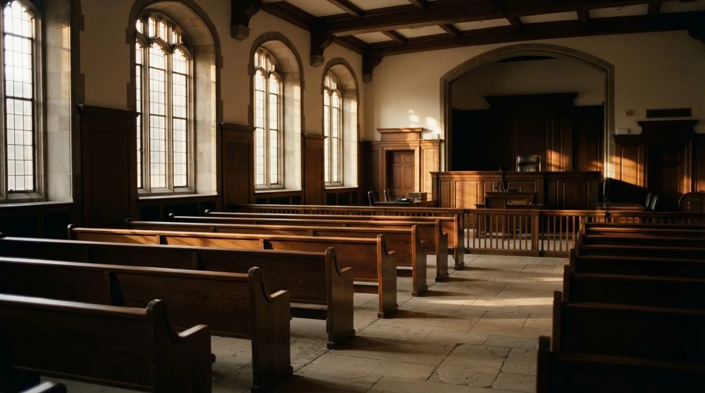 Een lege rechtszaal met houten banken in het ochtendlicht