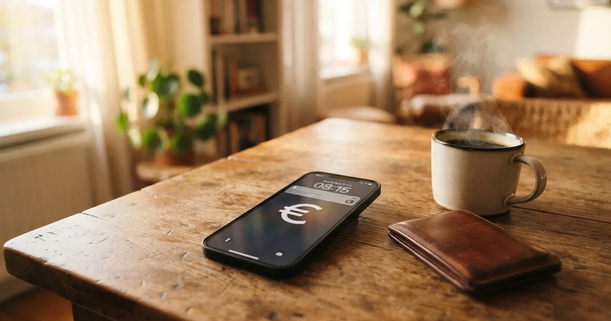 Een smartphone op een houten tafel naast een portemonnee en een kopje koffie