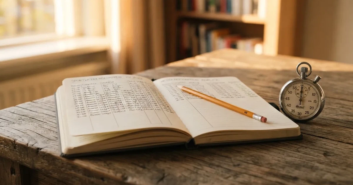 Een opengeslagen notitieboek met een potlood en een stopwatch op een houten tafel