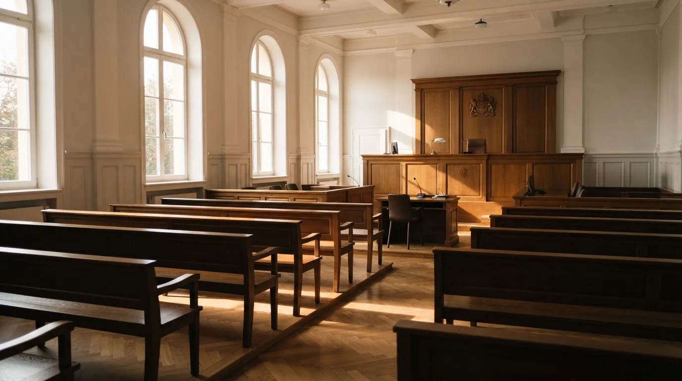 Een lege rechtszaal met houten banken in het ochtendlicht