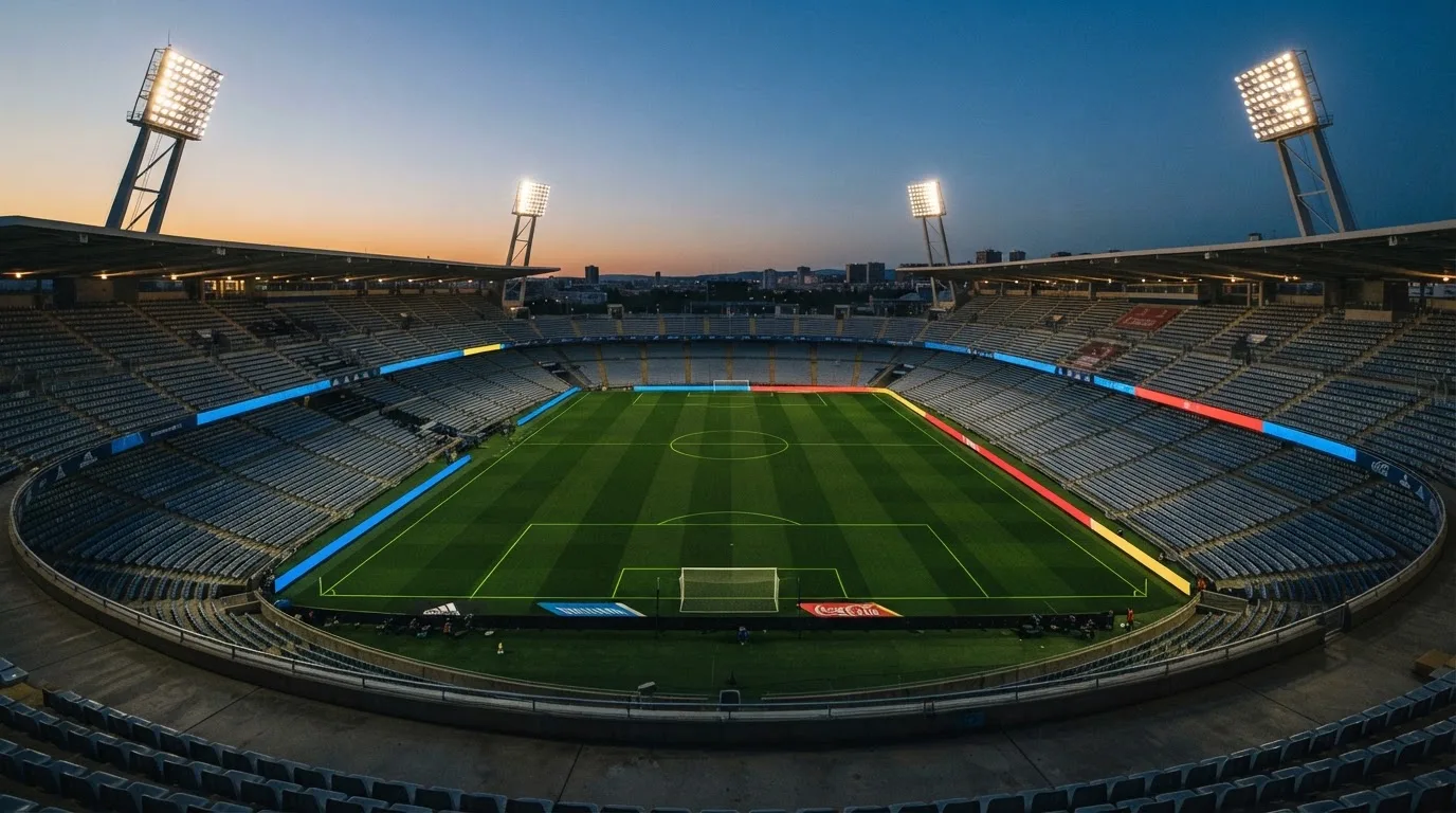 Een leeg voetbalstadion met lichtmasten bij schemering