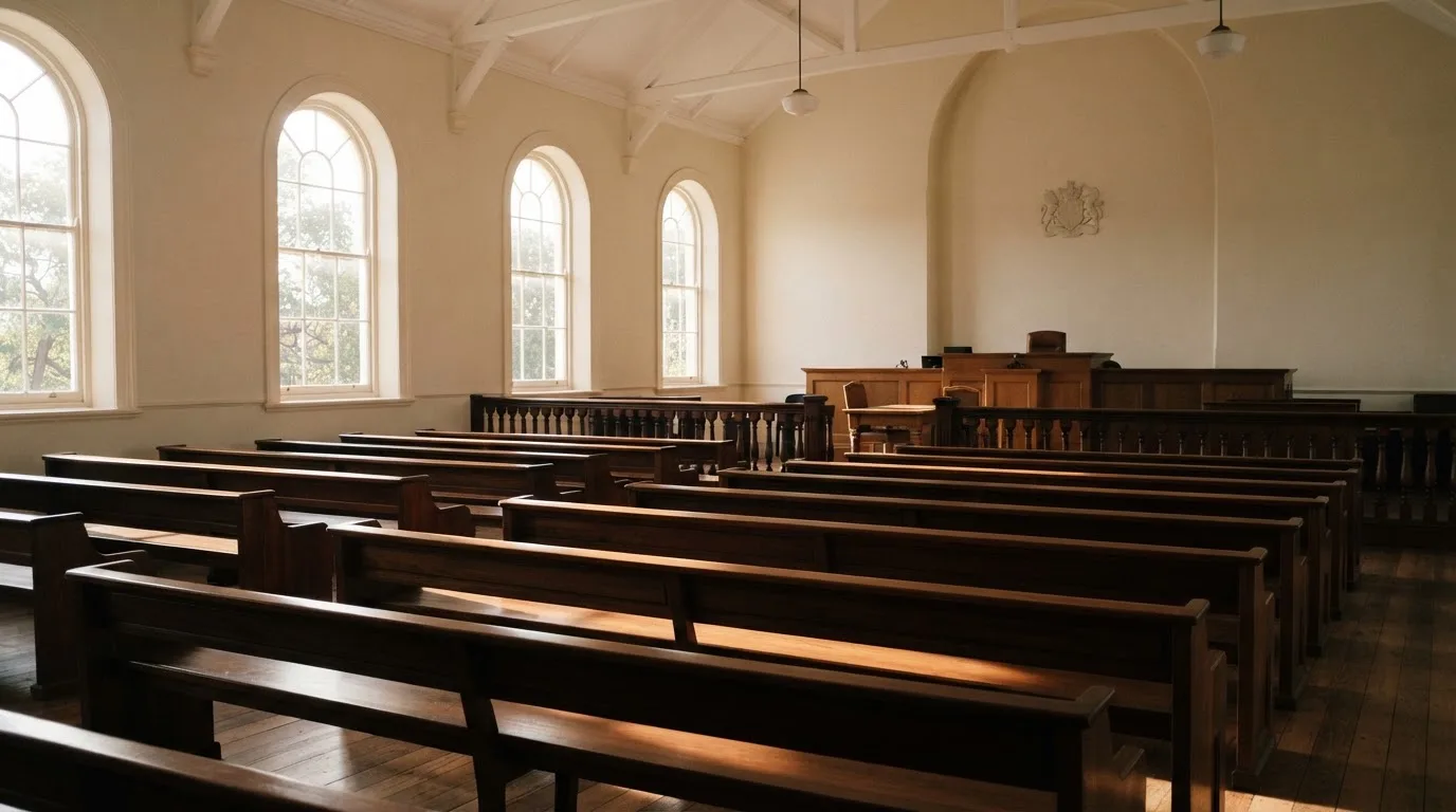 Een lege rechtszaal met houten banken in het ochtendlicht