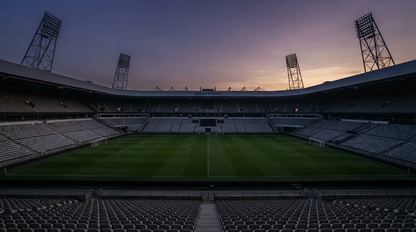 Een leeg voetbalstadion met lichtmasten bij schemering