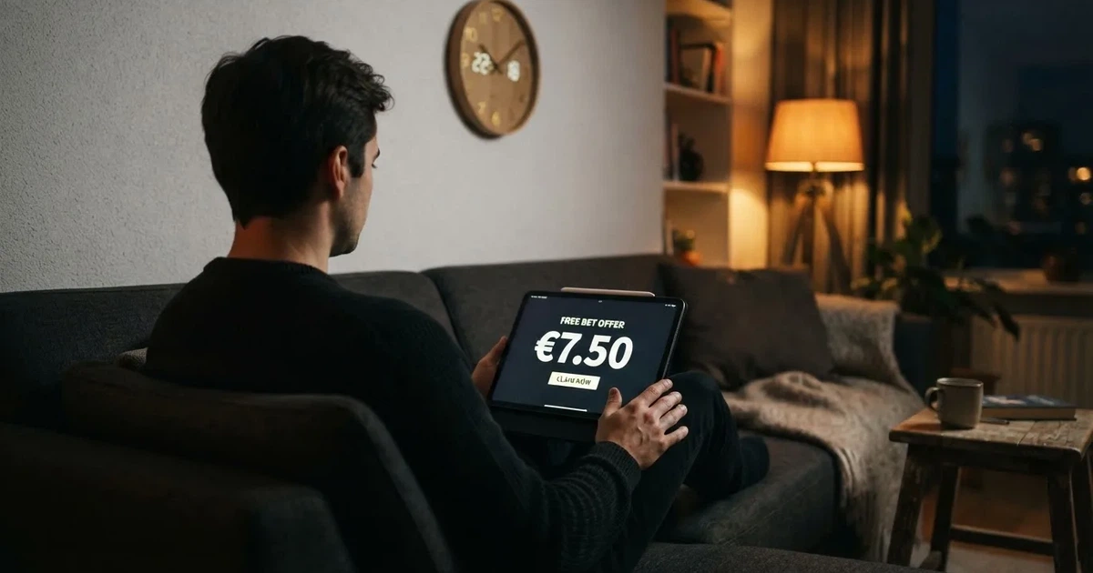Een persoon op de bank kijkt peinzend naar een tablet, op de achtergrond een klok aan de muur
