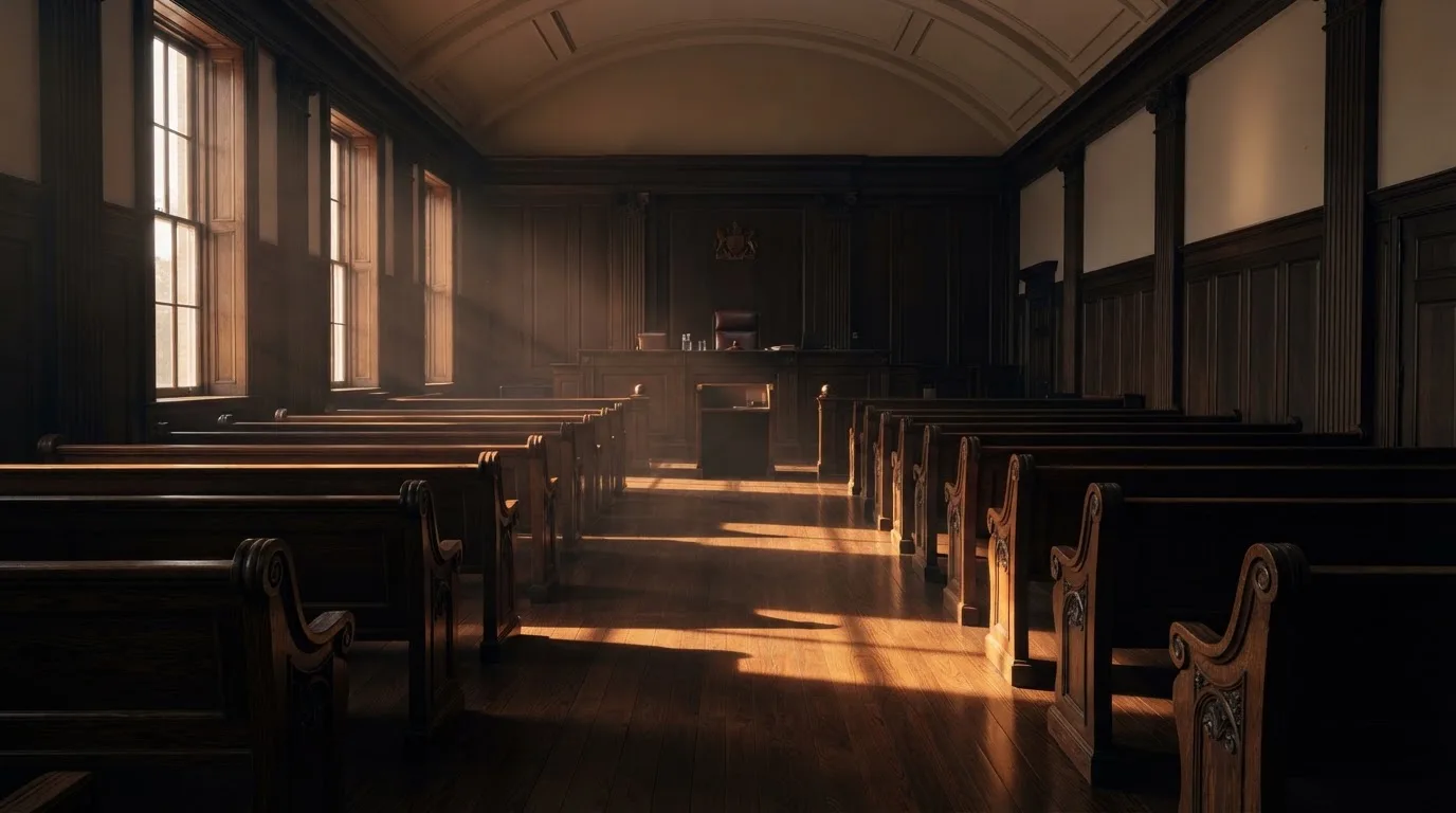 Een lege rechtszaal met houten banken in het ochtendlicht
