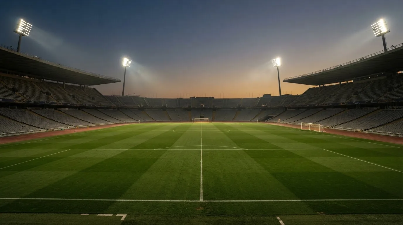 Een leeg voetbalstadion met lichtmasten bij schemering