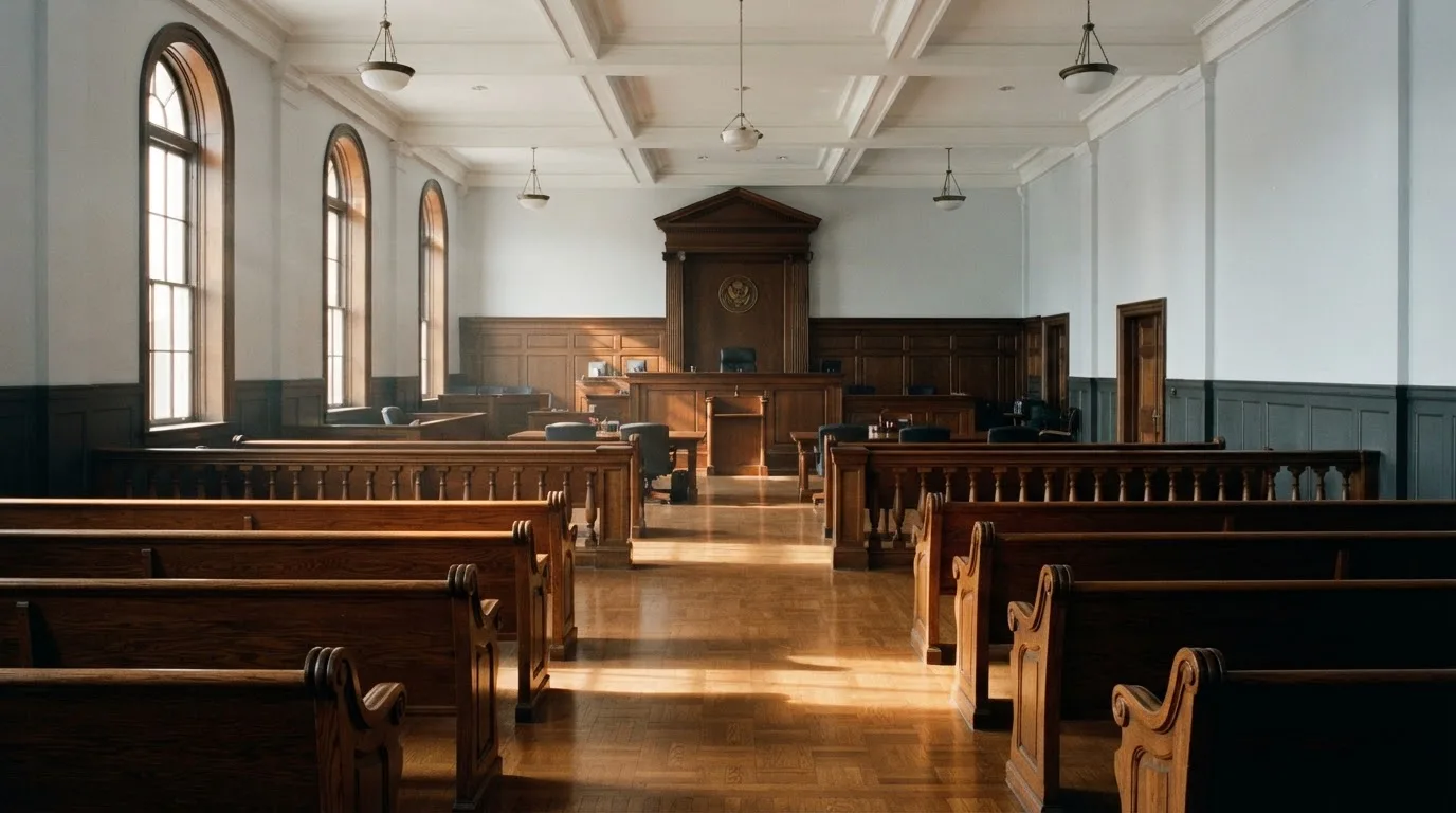 Een lege rechtszaal met houten banken in het ochtendlicht