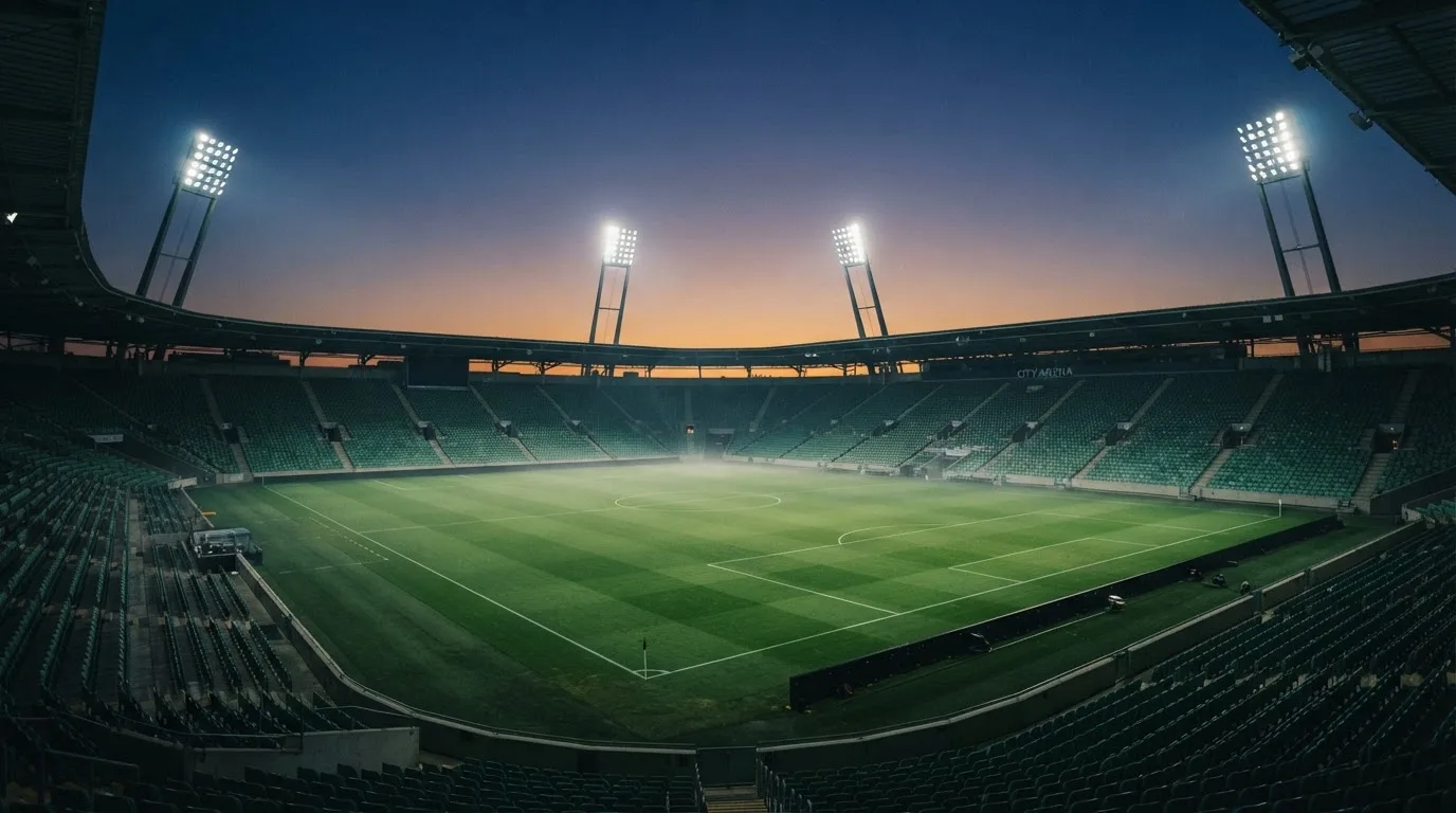 Een leeg voetbalstadion met lichtmasten bij schemering