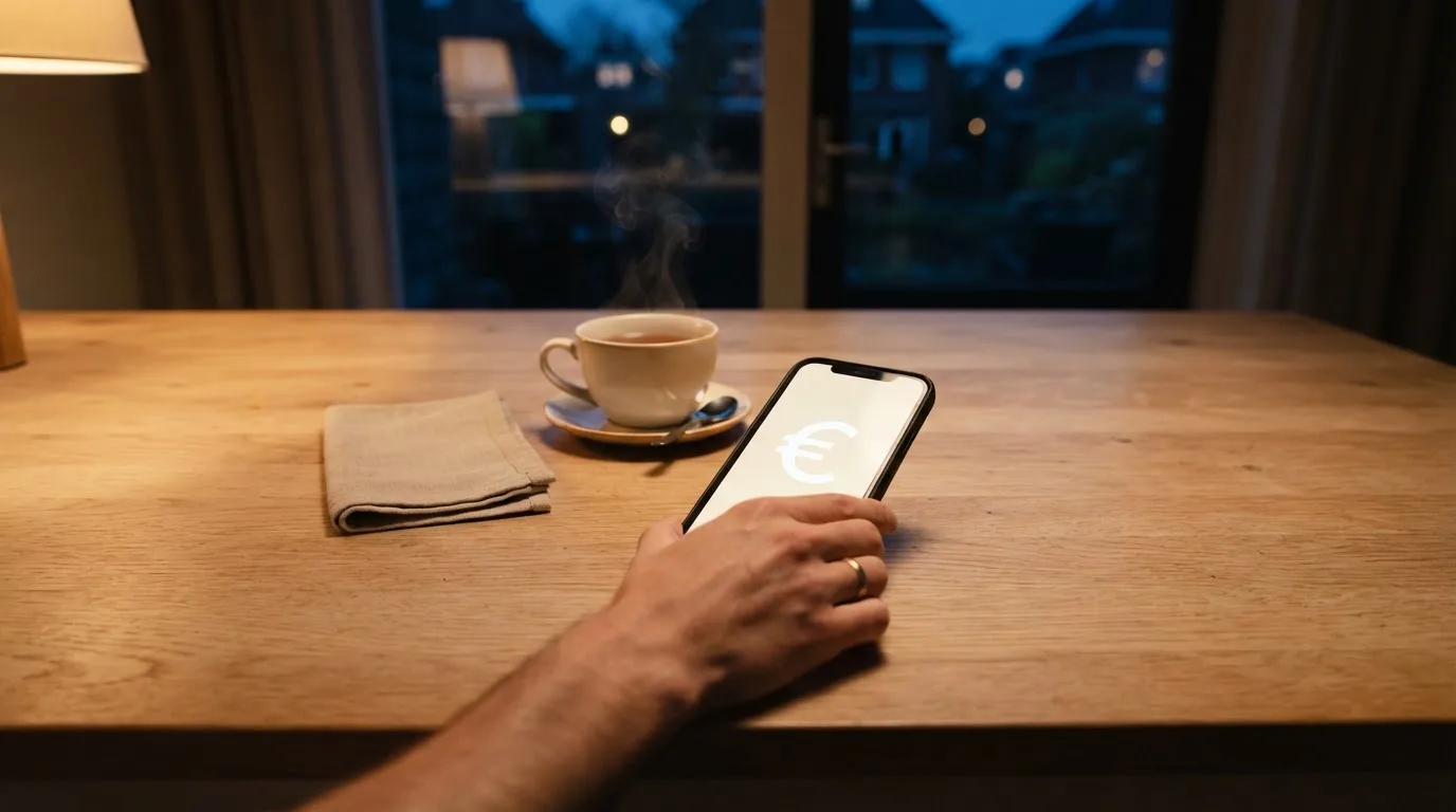 Een hand legt een smartphone naast een kopje thee op een keukentafel, een rustige avond