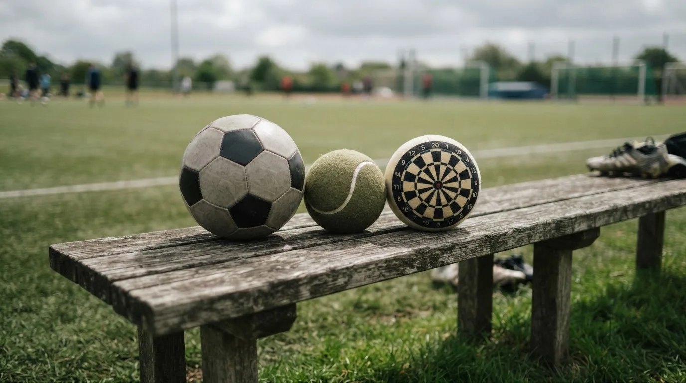 Drie ballen van verschillende soorten naast elkaar op een houten bank