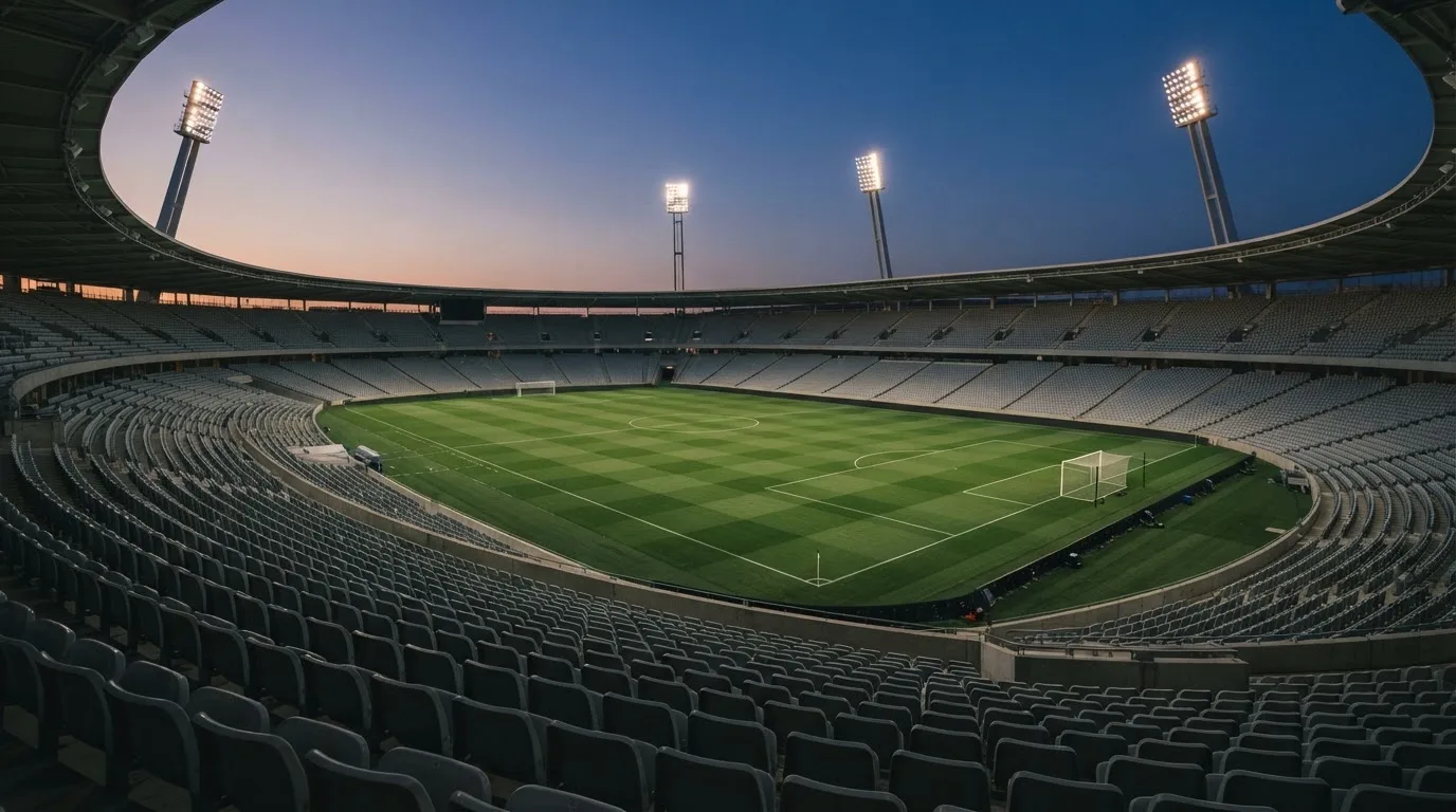 Een leeg voetbalstadion met lichtmasten bij schemering