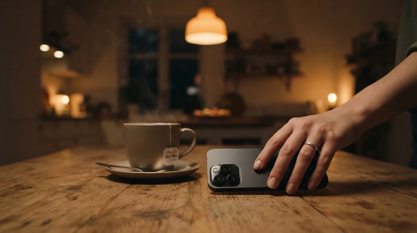 Een hand legt een smartphone naast een kopje thee op een keukentafel, een rustige avond