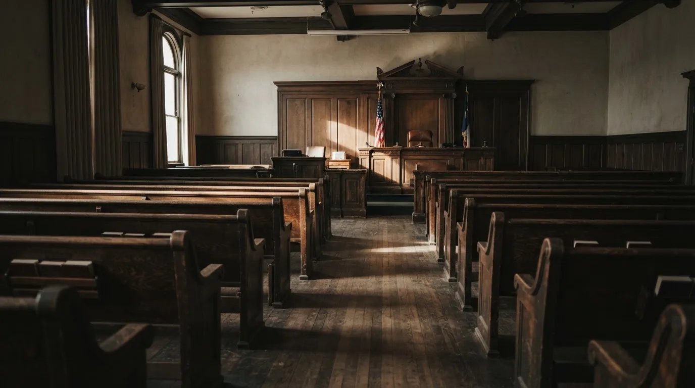 Een lege rechtszaal met houten banken in het ochtendlicht