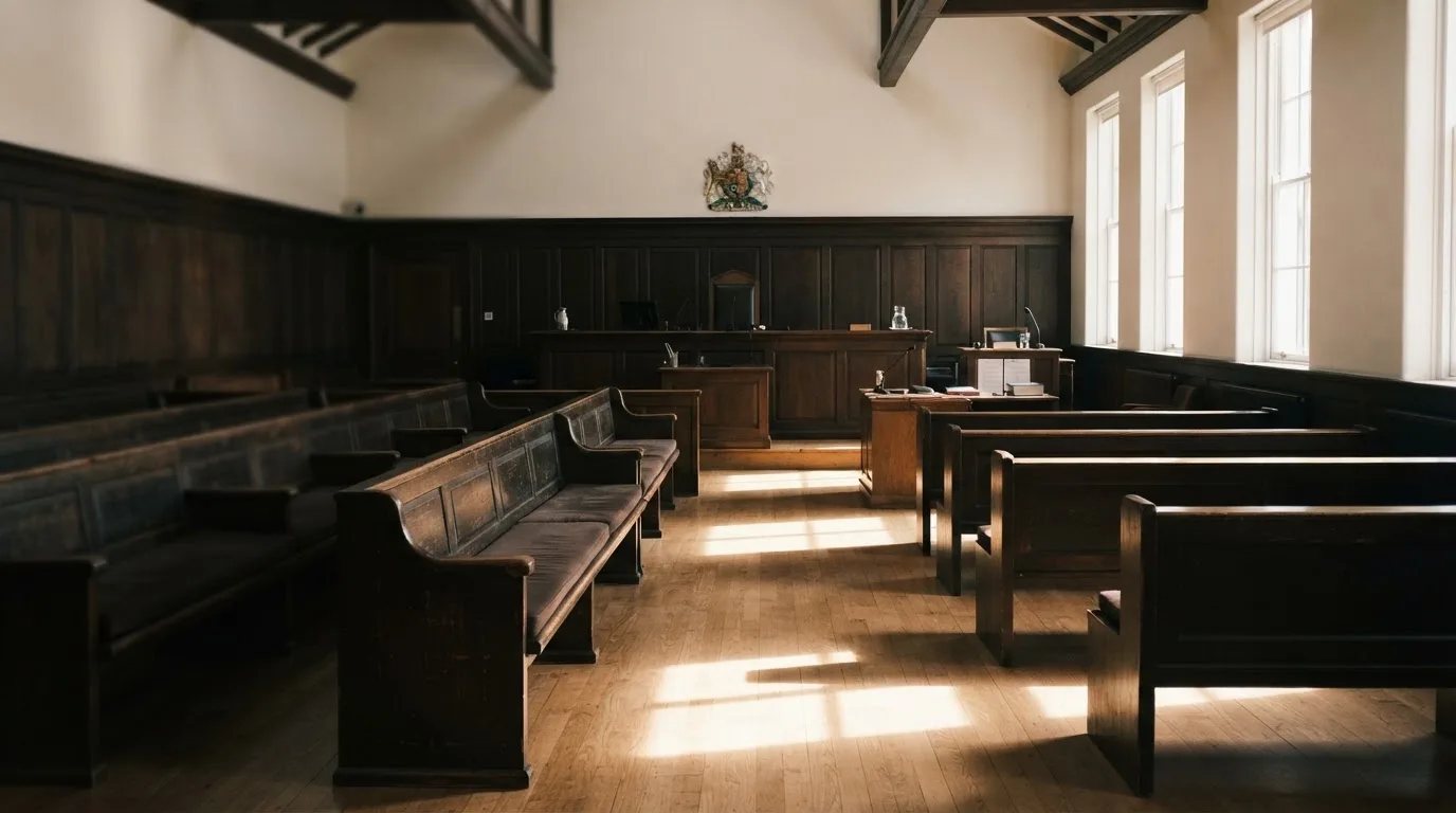 Een lege rechtszaal met houten banken in het ochtendlicht