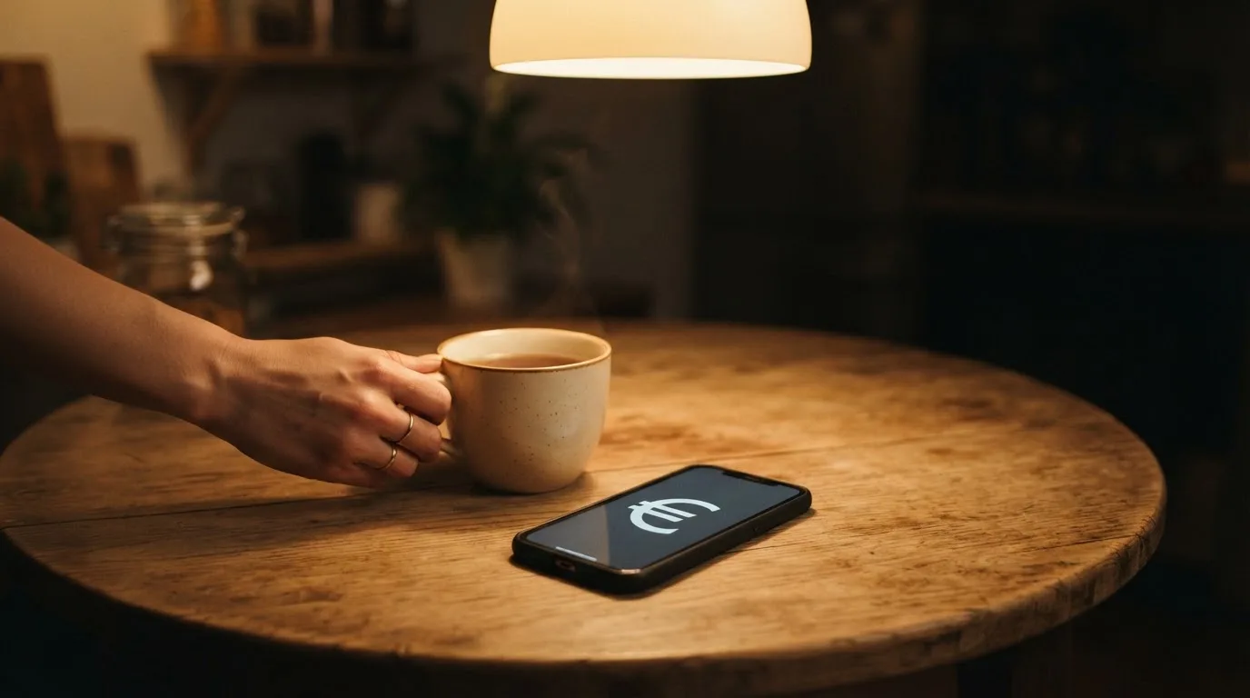 Een hand legt een smartphone naast een kopje thee op een keukentafel, een rustige avond