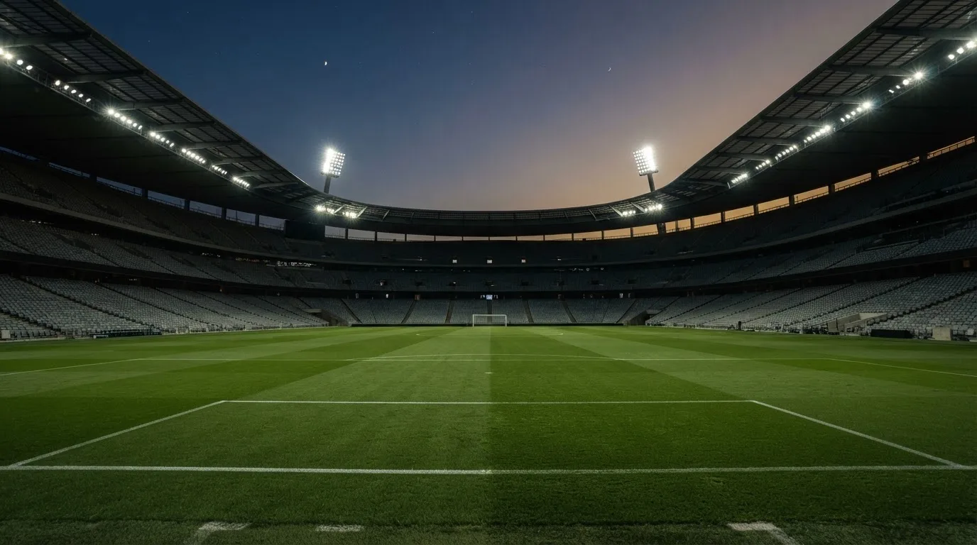 Een leeg voetbalstadion met lichtmasten bij schemering