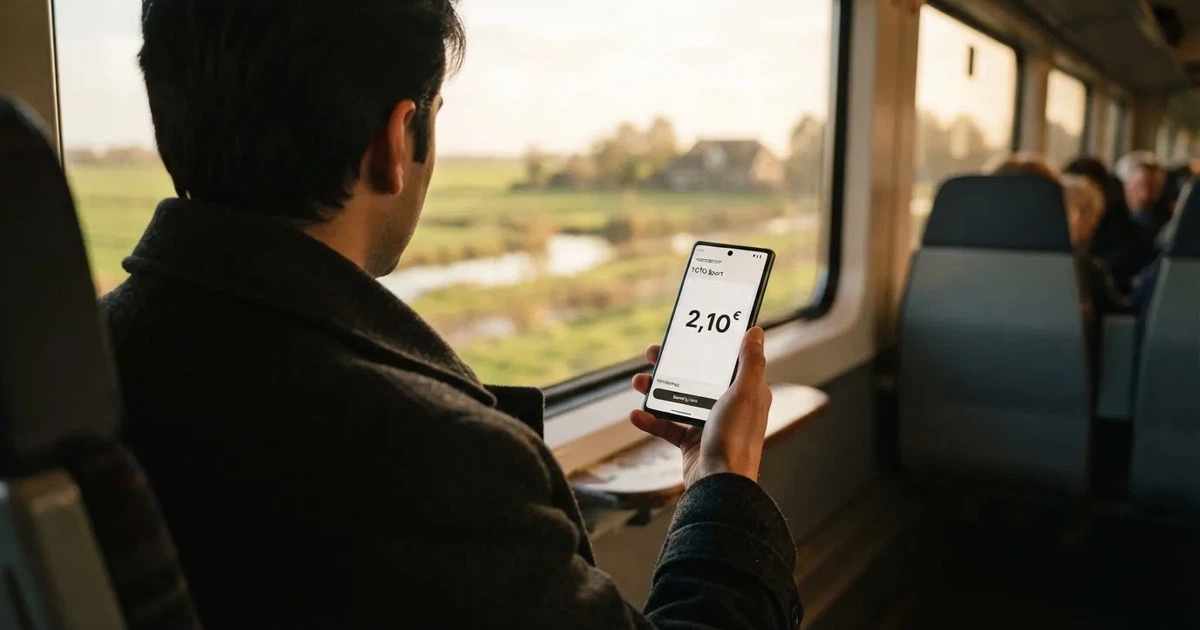 Een hand houdt een smartphone vast in de trein, het scherm van de camera afgewend