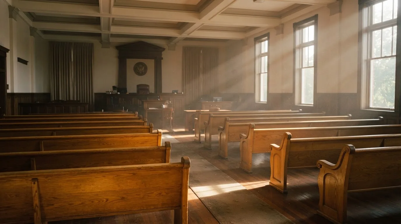 Een lege rechtszaal met houten banken in het ochtendlicht