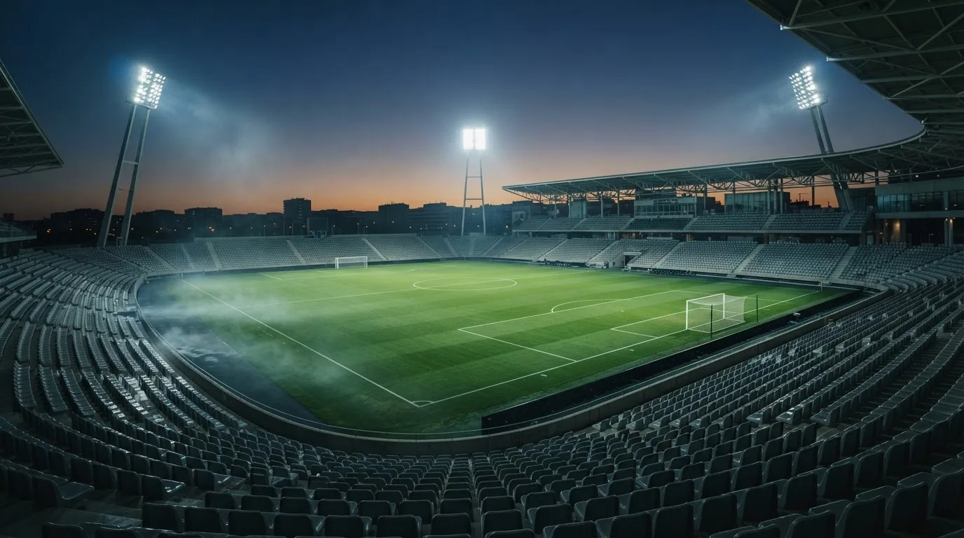 Een leeg voetbalstadion met lichtmasten bij schemering
