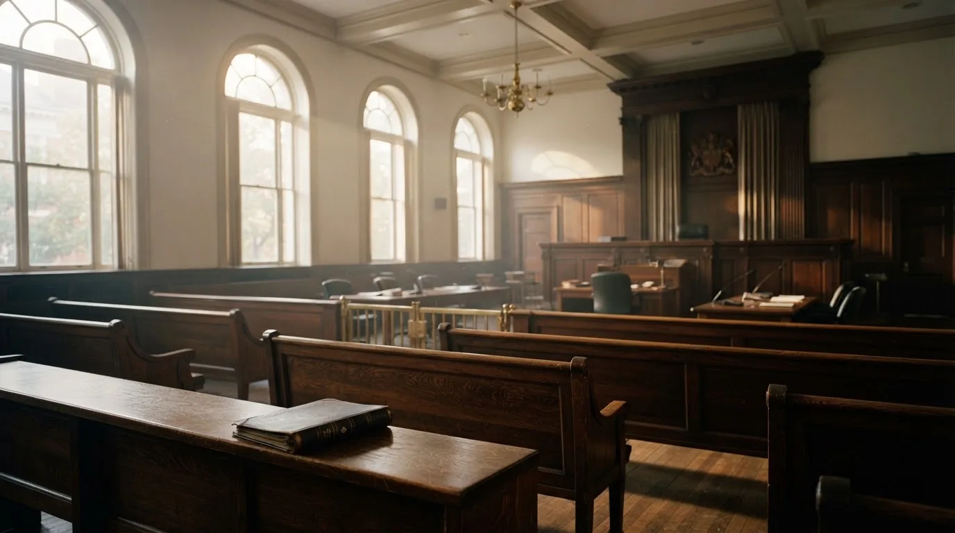 Een lege rechtszaal met houten banken in het ochtendlicht