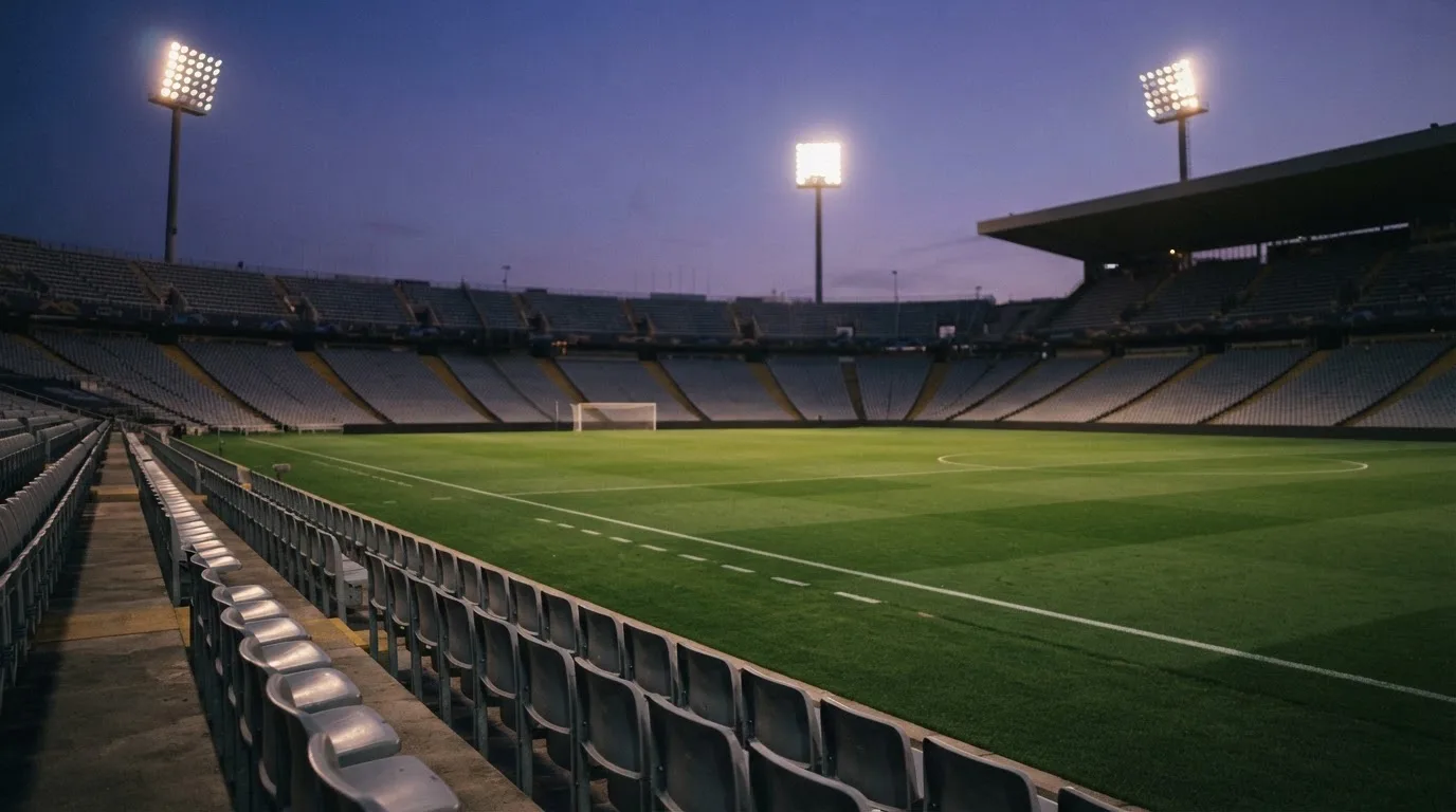 Een leeg voetbalstadion met lichtmasten bij schemering