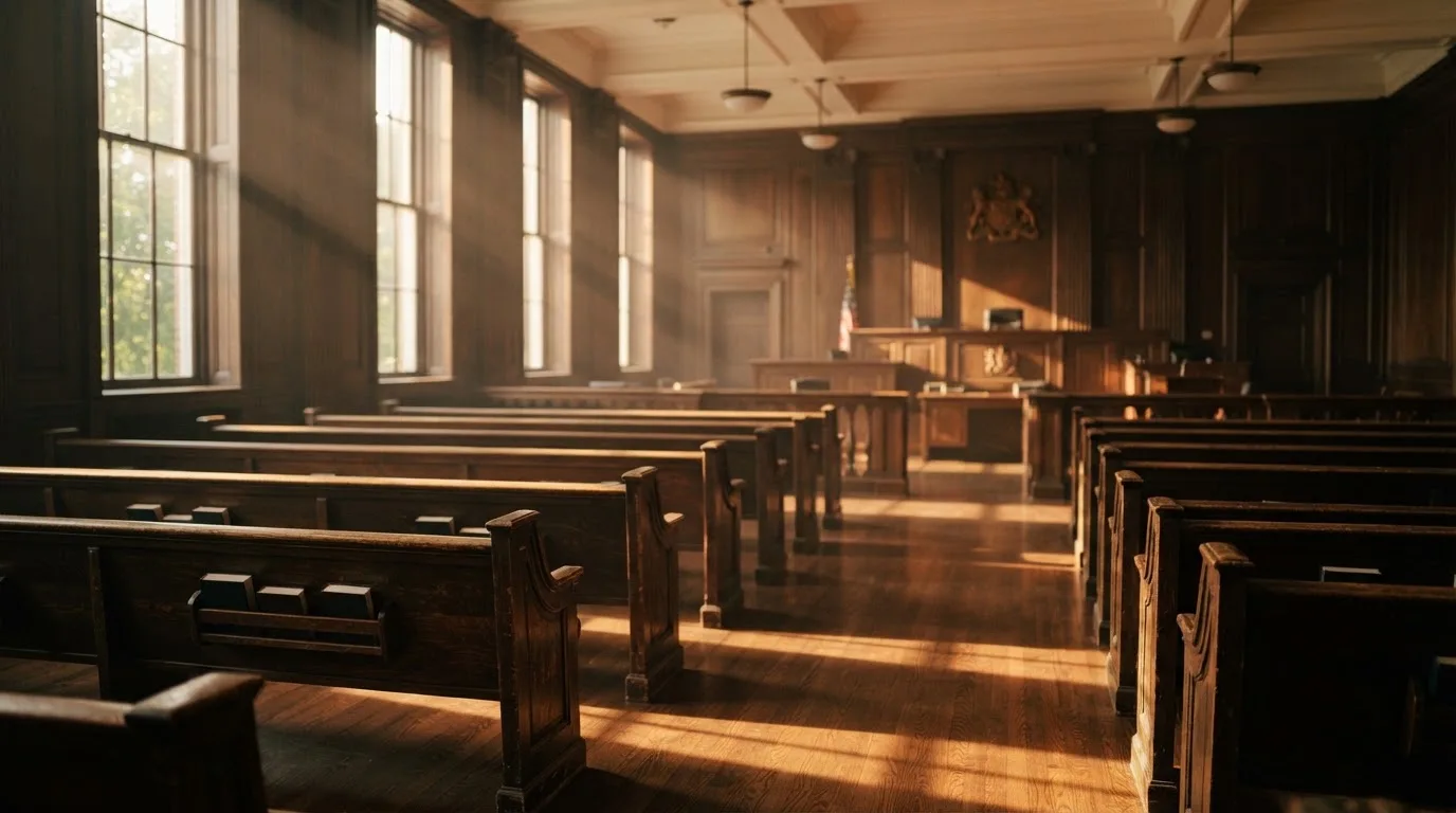 Een lege rechtszaal met houten banken in het ochtendlicht