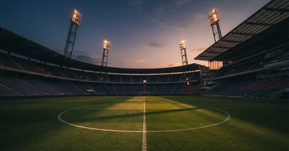 Een leeg voetbalstadion met lichtmasten bij schemering