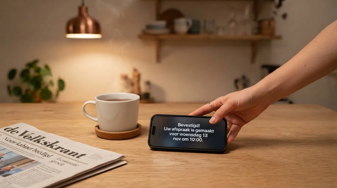 Een hand legt een smartphone naast een kopje thee op een keukentafel, een rustige avond