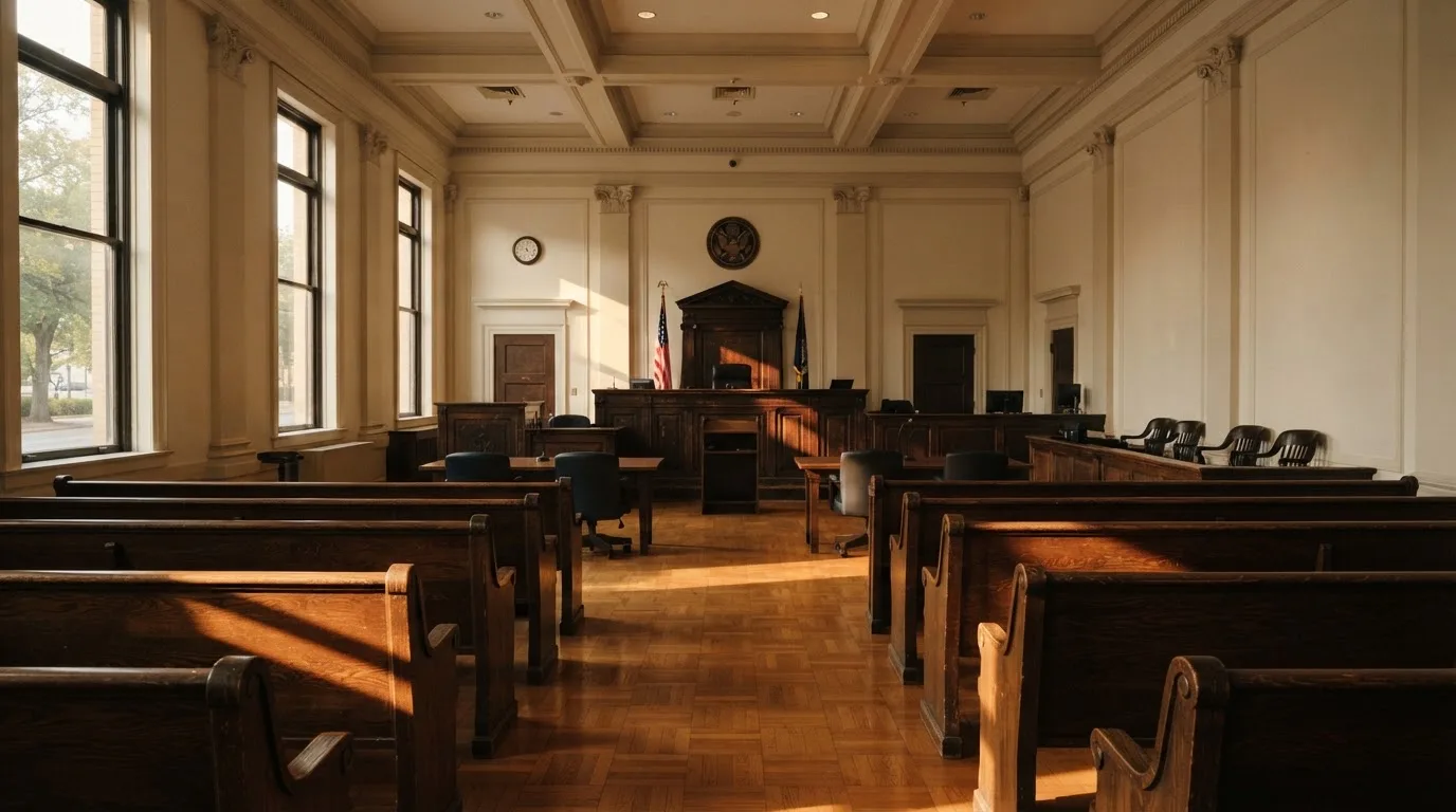 Een lege rechtszaal met houten banken in het ochtendlicht