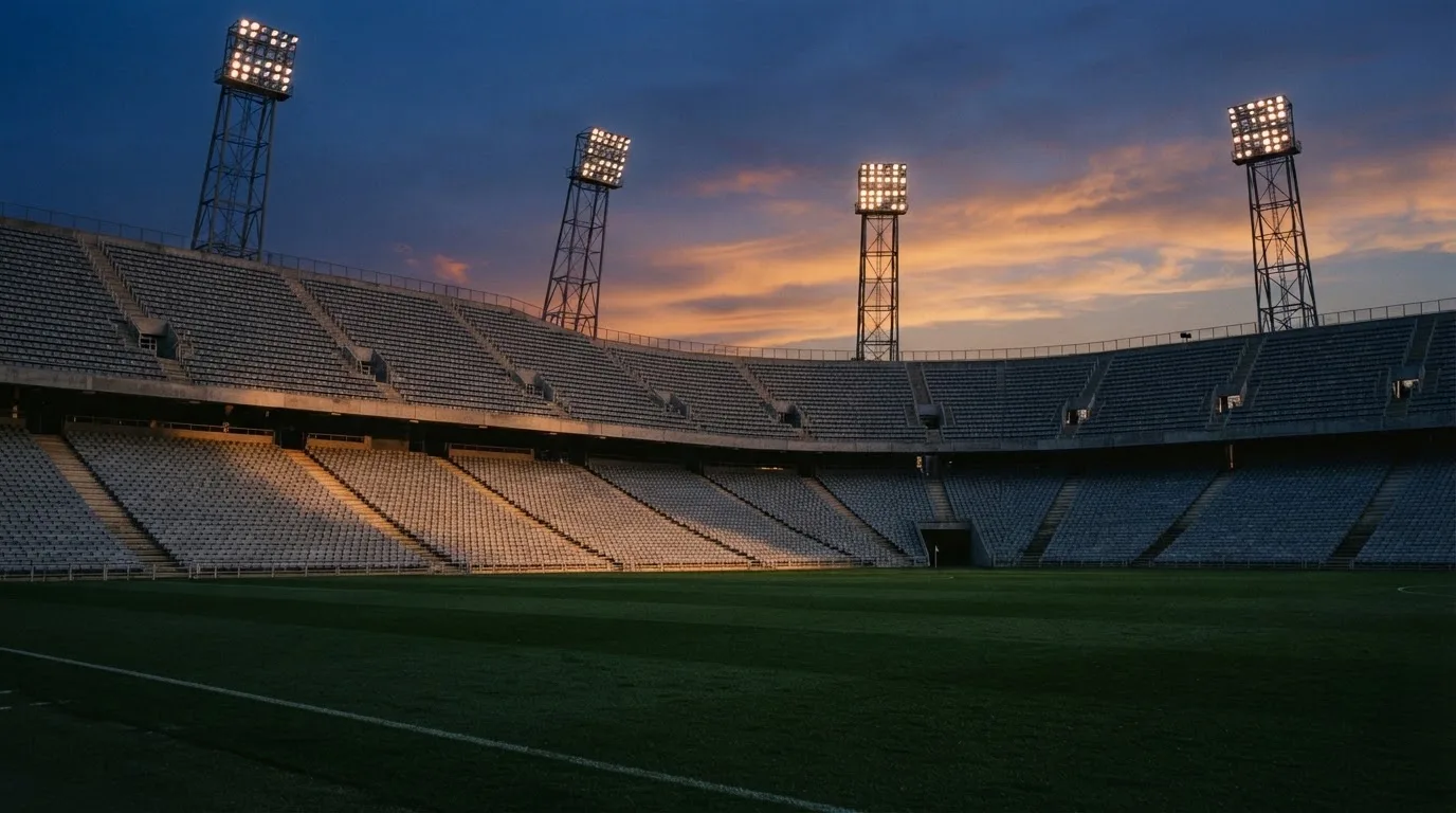 Een leeg voetbalstadion met lichtmasten bij schemering