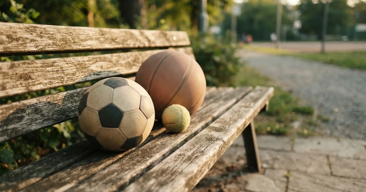 Drie ballen van verschillende soorten naast elkaar op een houten bank