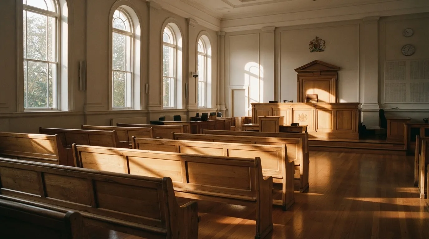 Een lege rechtszaal met houten banken in het ochtendlicht