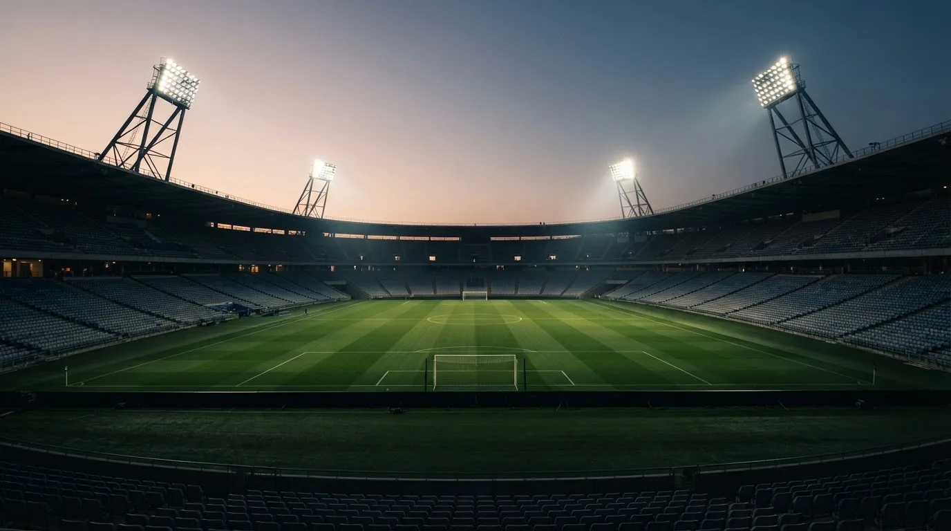 Een leeg voetbalstadion met lichtmasten bij schemering