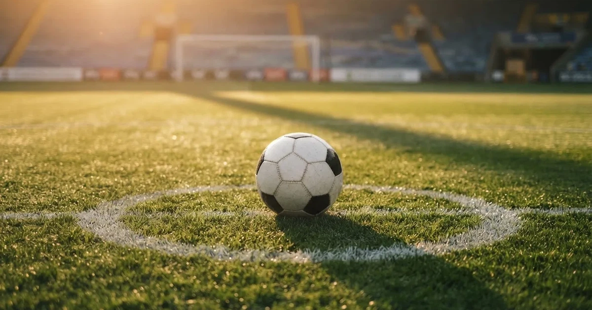 Een voetbal op de middenstip van een grasveld in het ochtendlicht