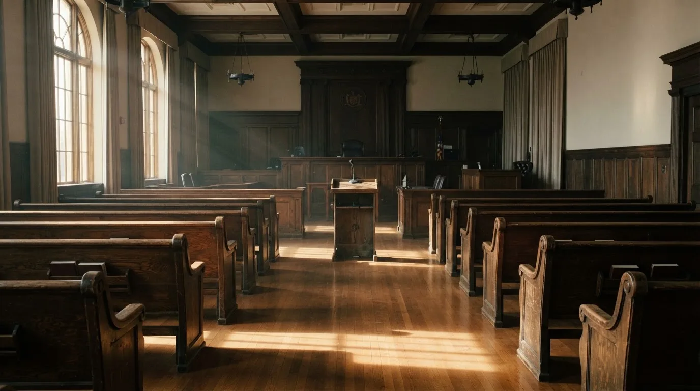 Een lege rechtszaal met houten banken in het ochtendlicht