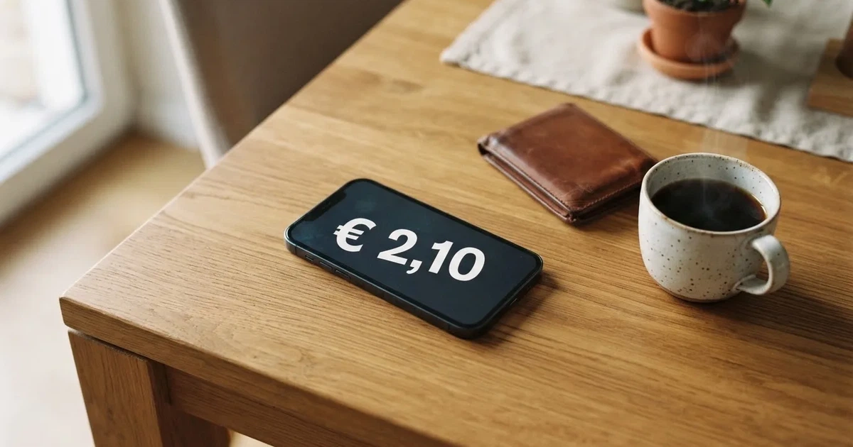 Een smartphone op een houten tafel naast een portemonnee en een kopje koffie