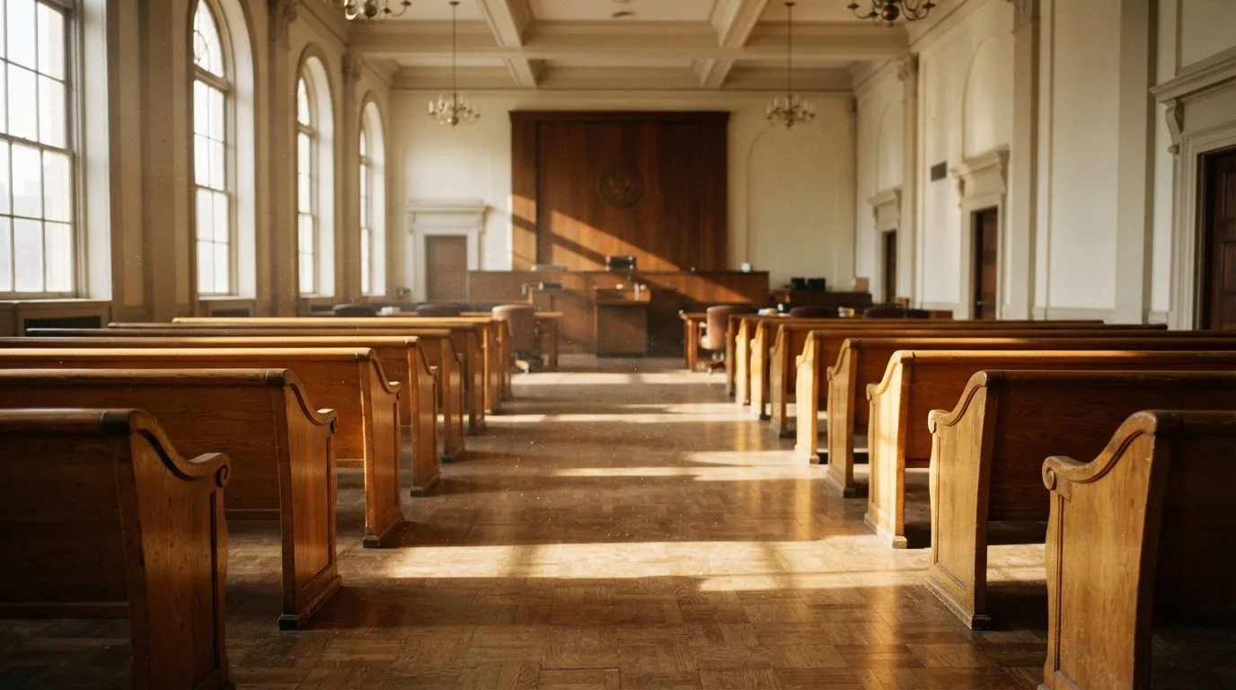 Een lege rechtszaal met houten banken in het ochtendlicht