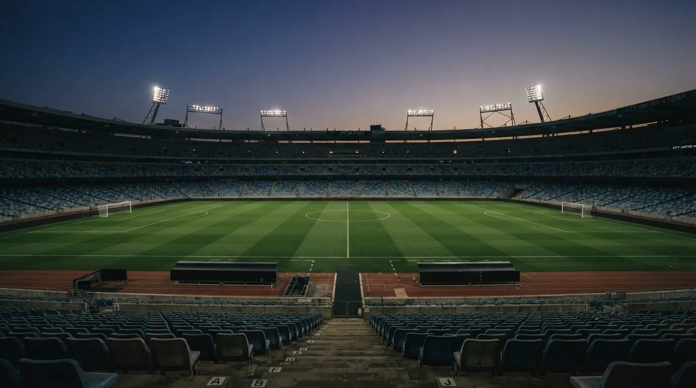 Een leeg voetbalstadion met lichtmasten bij schemering
