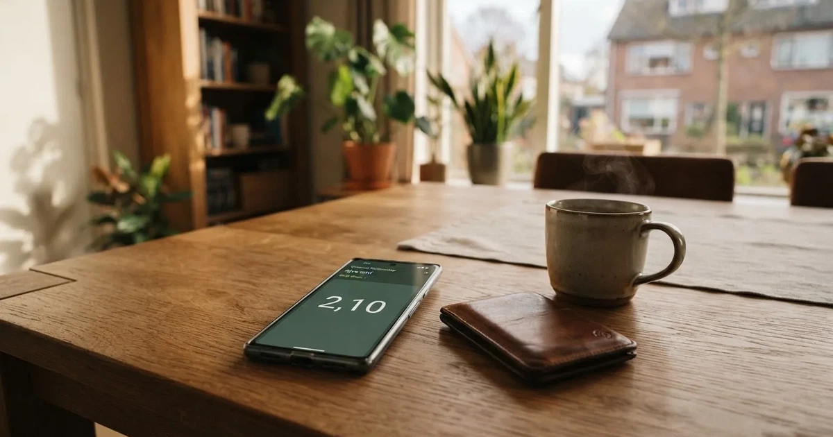 Een smartphone op een houten tafel naast een portemonnee en een kopje koffie