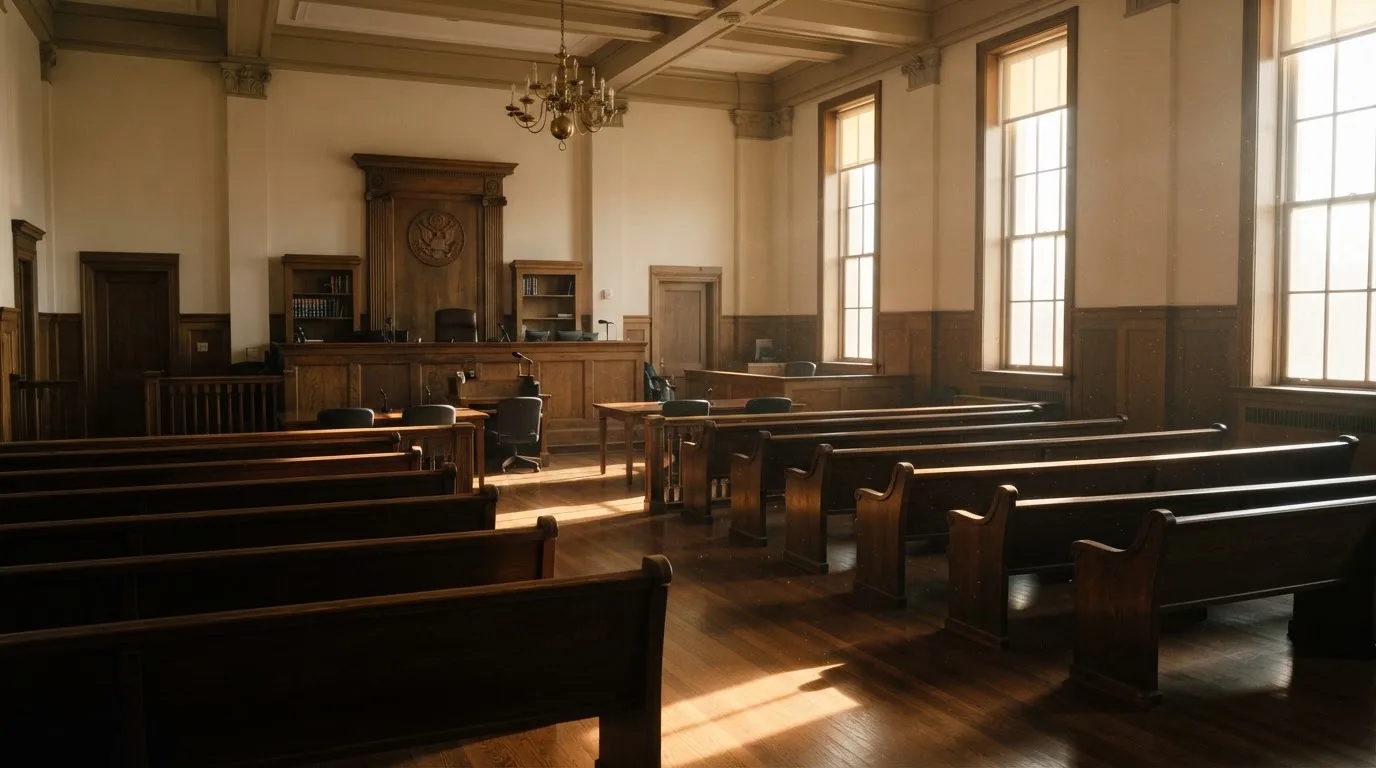 Een lege rechtszaal met houten banken in het ochtendlicht