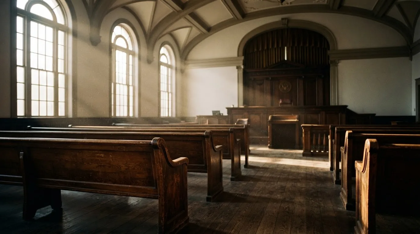 Een lege rechtszaal met houten banken in het ochtendlicht