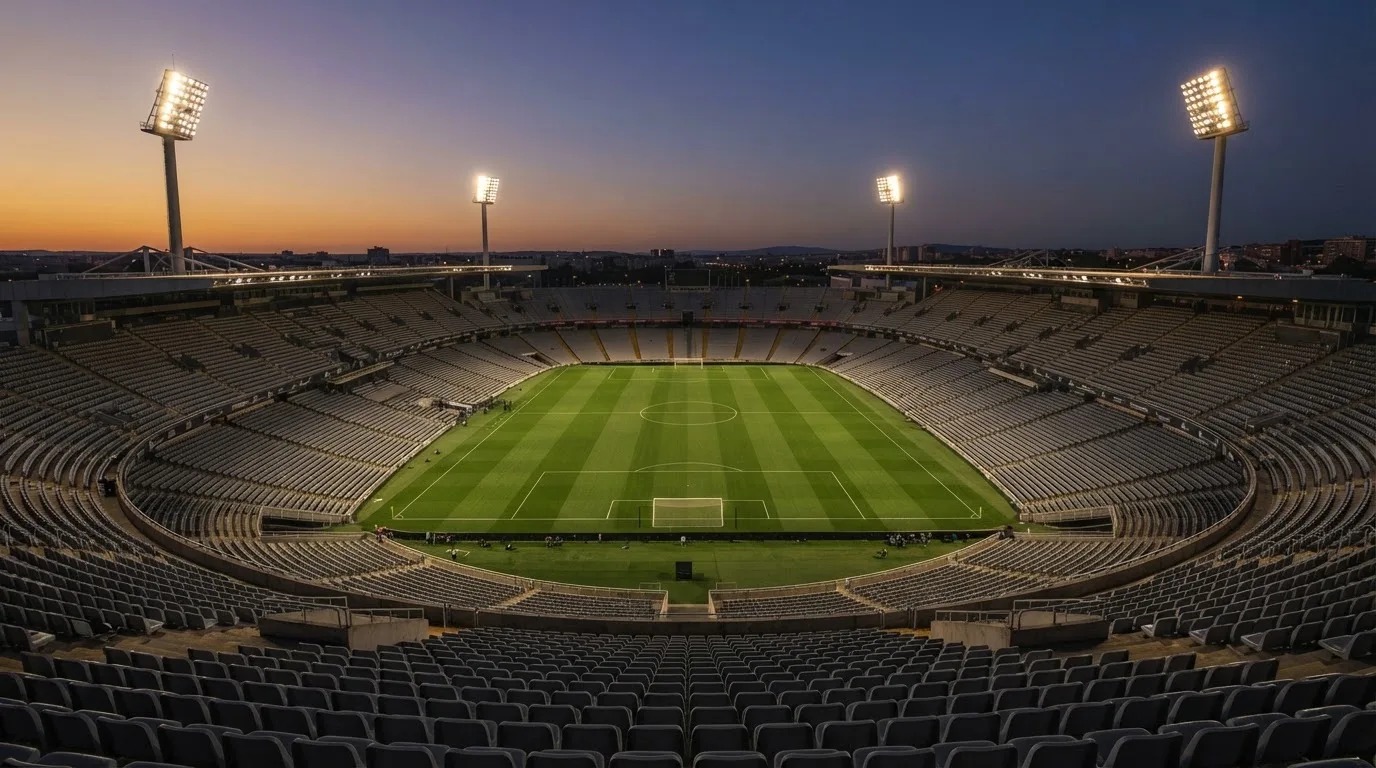 Een leeg voetbalstadion met lichtmasten bij schemering