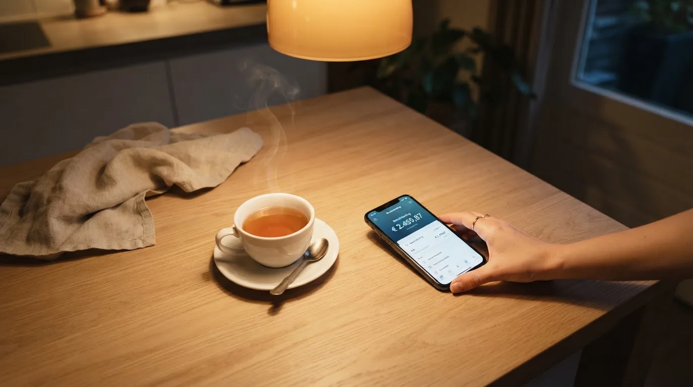Een hand legt een smartphone naast een kopje thee op een keukentafel, een rustige avond