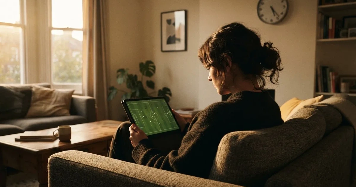 Een persoon op de bank kijkt peinzend naar een tablet, op de achtergrond een klok aan de muur